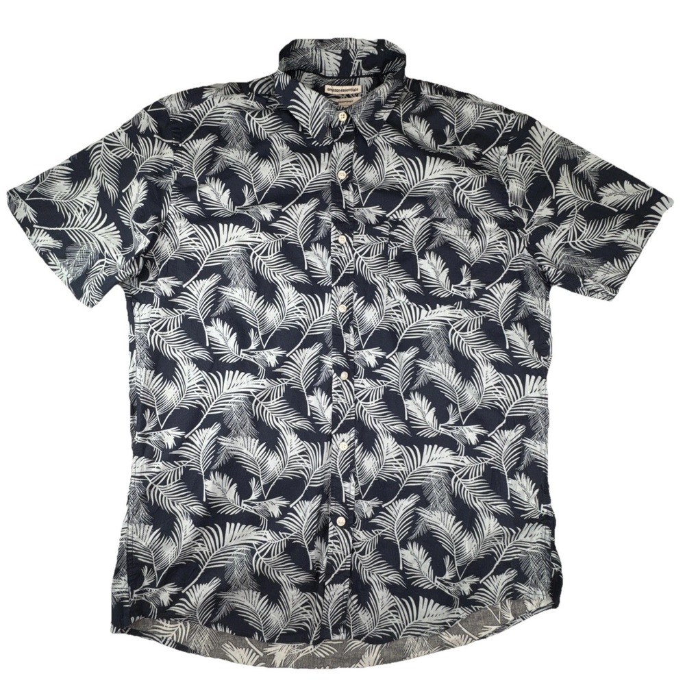 Amazon Essentials Shirt Mens Large Navy Blue Palm Leaf Tropical Cotton Button Up
